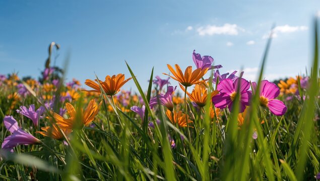 Bright summer blossoms captured closely in a sunlit meadow