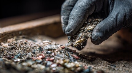 Close-up shows a gloved hand examining fragments of colorful material within a shallow wooden tray. Focus is on texture & detail