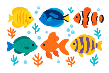 Fototapeta premium Colorful collection of six tropical fish swimming underwater with coral and bubbles in a cute style