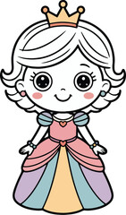 Cute cartoon princess with crown and pink dress girl
