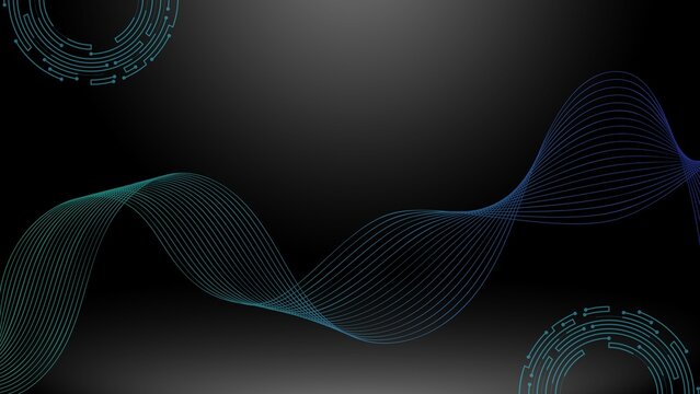 Abstract blue and green wavy lines on dark gradient background with circular elements