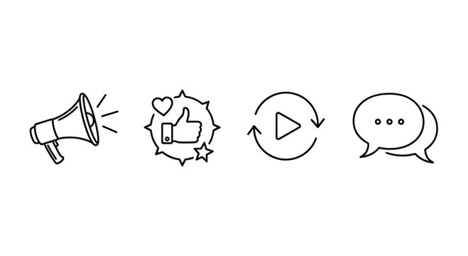 Hand drawn social media icons megaphone like play button chat bubble set vector