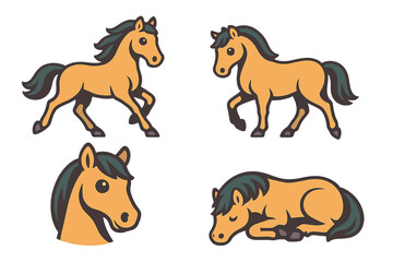 Stylized horses set showing various actions like running standing and resting