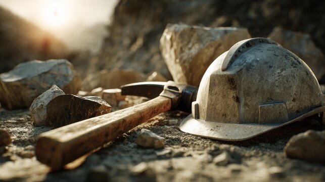 A weathered helmet and pickaxe rest among broken rocks in the warm glow of the sun, hinting at physical labor