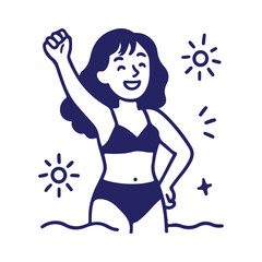 Confident woman celebrating summer fun at the beach with a triumphant pose and a bright smile, showcasing joy and carefree vacation vibes with modern style
