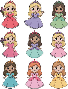 Nine cartoon princesses with crowns and dresses illustration character
