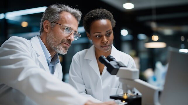 Scientists collaborating in clean laboratory while examining nanotechnology devices through advanced microscope, symbolizing teamwork, futuristic discoveries, and groundbreaking research progress.