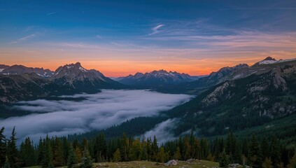 Alpine landscape shrouded in fog, ideal for editorial header background