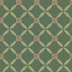 Simple flowers and leaves forming a lattice floral minimal pattern in colors of cream and sage green on olive green. Geometric seamless vector pattern. Great for home decor, fabric, wallpaper, gifts.