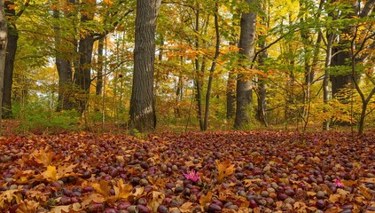 Autumnal oak nuts on the ground