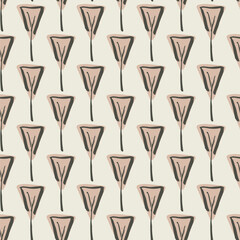 Simple flower motifs with stems as a minimalist floral pattern in colors of cream and black on beige background. Floral seamless vector pattern. Great for home decor, fabric, wallpaper, gift wrap, etc