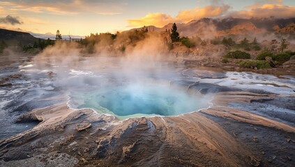 Steamy geothermal area with rugged terrain and a vast hot spring