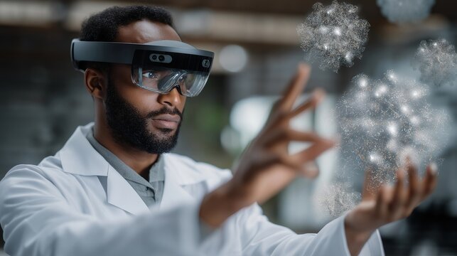 Close-up of scientist interacting with holographic virus structures through augmented reality interface, showing deep focus and emotional intensity, symbolizing futuristic biomedical research and