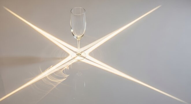 Elegant Champagne Flute Casting Dramatic Shadows on Light Surface Minimalist Composition Modern Design Highlighted Reflection Light Play Focus