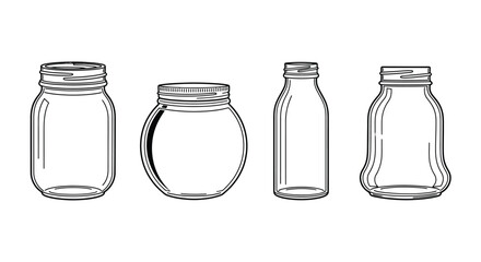Hand drawn sketch collection of glass jars and bottles for storage and preserving vector