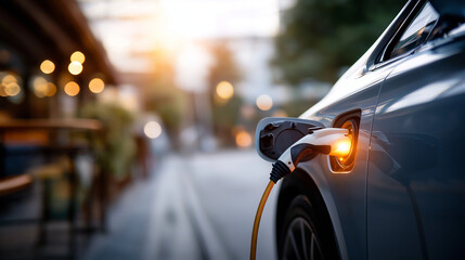 Power supply connect to electric vehicle for charge to battery charging technology industry transport futuristic automobile EV fuel plug in hybrid car sustainable mobility