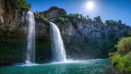 Fototapeta premium Majestic waterfall cascading down a mountainside, highlighting seasonal change