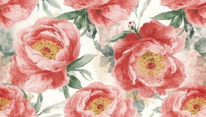 Artistic vintage watercolor floral pattern featuring red peonies on a white backdrop, suitable for editorial design