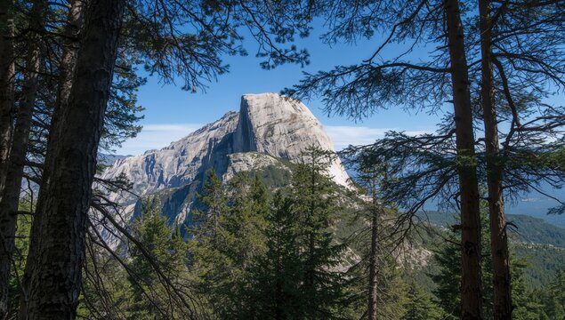 Hiking path leading to renowned waterfall with large boulders and mountain backdrop behind pine tree silhouettes, summer exploration