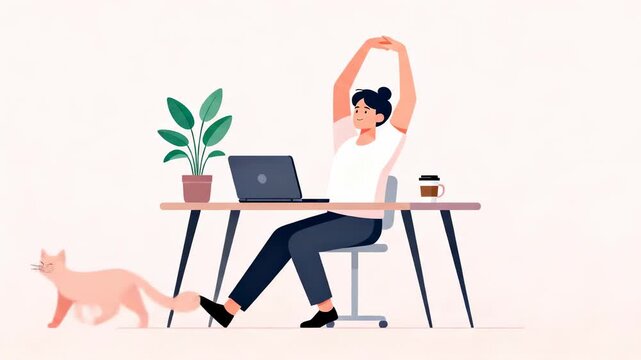 Remote Worker Stretching at Desk in Home Office &ndash; Relaxed Work from Home Concept Illustration