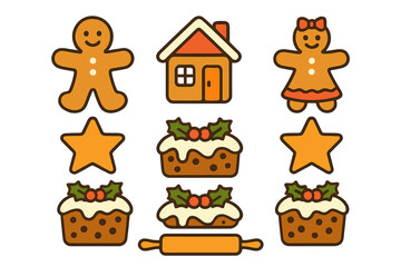 Fototapeta premium Collection of festive Christmas baking elements including gingerbread figures, pudding, and house icons