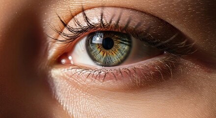 Extreme close up of a human eye iris with green blue and gold colors pupil macro