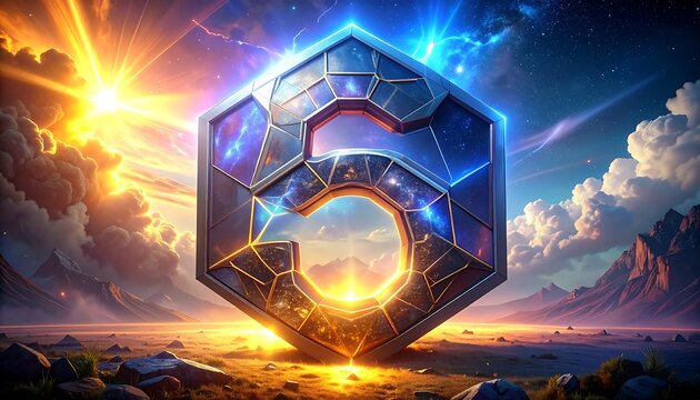 Futuristic emblem floats amidst a celestial and terrestrial landscape, bathed in radiant light and cosmic energy. Mountains form the background