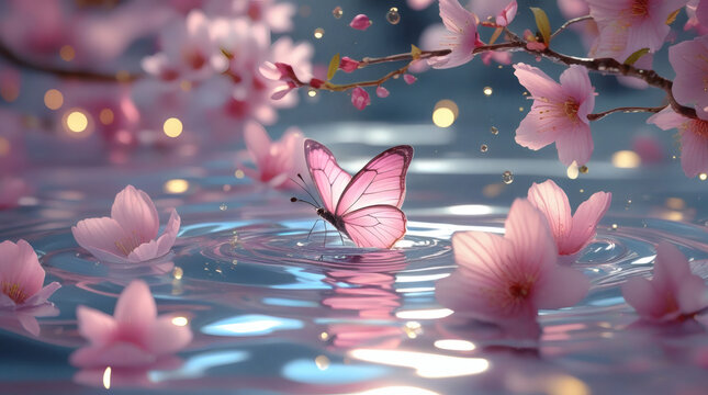 An ethereal pink butterfly delicately graces the tranquil water's surface amidst floating cherry blossoms and shimmering bokeh, a serene spring spectacle - Powered by Adobe