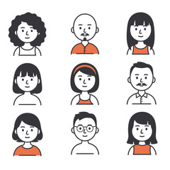 Set of 9 minimalist cartoon avatars diverse characters vector illustration scalable eps icon vector