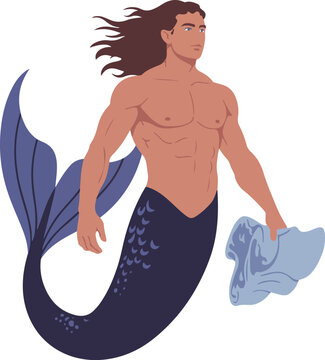 Muscular merman vector illustration with long brown hair drying his blue tail on a plain background