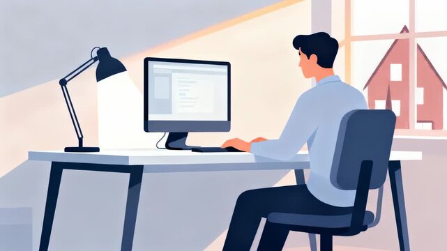 Modern Home Office with Man Working on Desktop Computer Minimal Vector