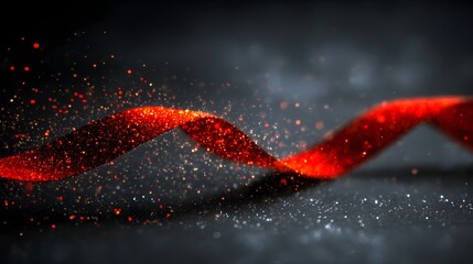 Brilliant red sparkling ribbon flows across a dark, moody background