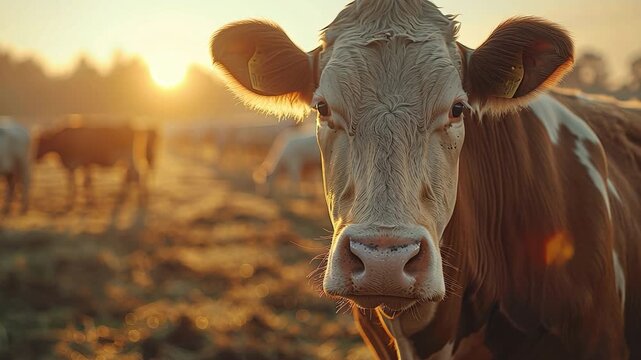 A brown and white cow stands in a grassy field as the sun rises in the background. Other cows are grazing nearby, creating a peaceful rural scene