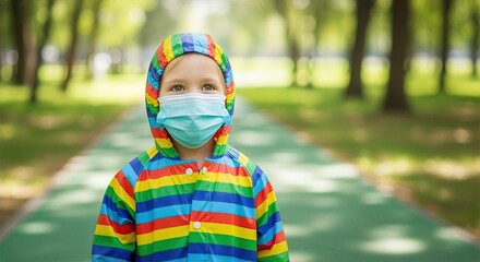 A child wearing a face mask and a colorful rainbow raincoat stands in a park. Portrait of a young kid outdoors during the covid-19 pandemic. Health and safety concept