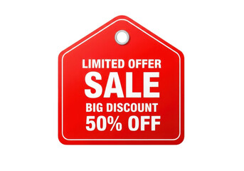 Obraz premium Red sale tag with limited offer and big discount of 50 off isolated on transparent background
