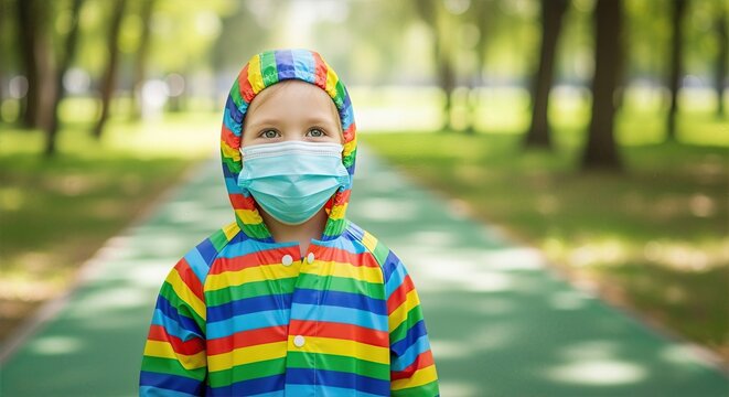 A child wearing a face mask and a colorful rainbow raincoat stands in a park. Portrait of a young kid outdoors during the covid-19 pandemic. Health and safety concept - Powered by Adobe