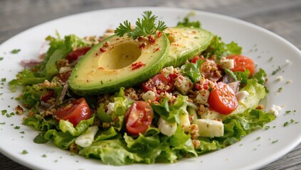 Light salad featuring assorted lettuce, leafy greens, avocado, tomatoes, and various cheeses