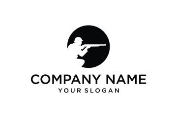 Silhouette of Kneeling Soldier or Hunter Aiming Rifle in Black Circle Logo Design