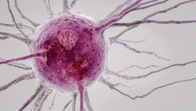 The cell body of a large neuron includes Nissl substance, and its nucleus features a prominent nucleolus.