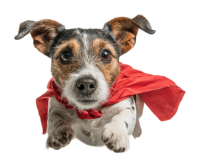 Heroic dog in cape leaping through air pet joy isolated on transparent background
