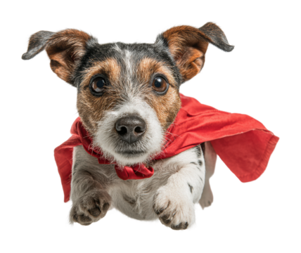 Heroic dog in cape leaping through air pet joy isolated on transparent background