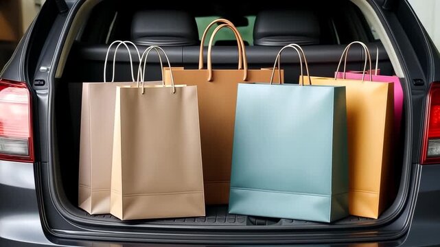 Shopping bags filled with new items loaded in car trunk after a successful day at the store, ready for the drive home