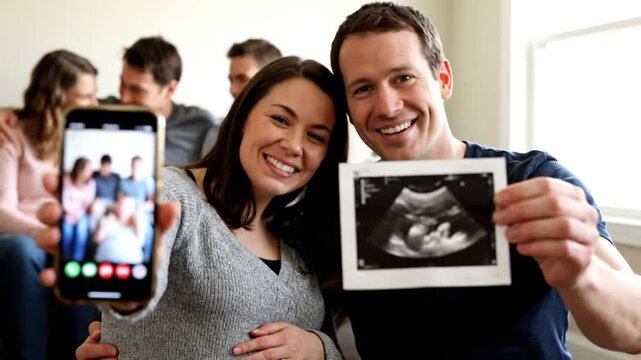 Happy expectant parents announce pregnancy to family via video call with ultrasound photo