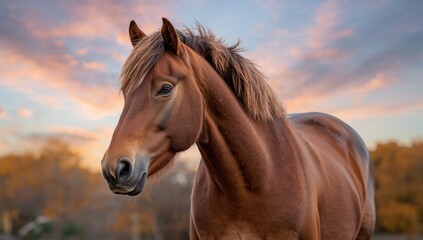 Obraz premium Large brown horse standing majestically, showcasing strength and power