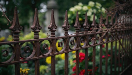 Aged iron fence featuring decorative scrollwork at a historic cemetery