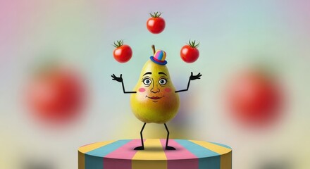 Whimsical Pear Juggling Tomatoes: A Cartoon Fruit Character Balanced on a Colorful Platform