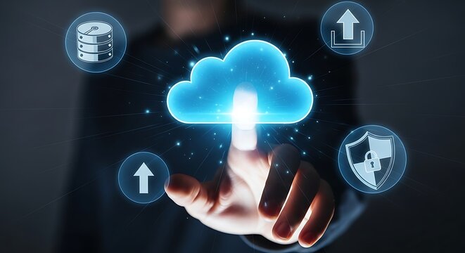 Cloud computing concept with hand touching cloud icon and data storage, upload, and security symbols