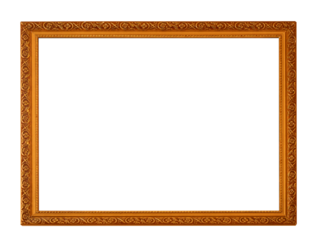 Intricately carved gold frame with floral and geometric designs, isolated on transparent background. Perfect for art restoration, temple art, or traditional style design.