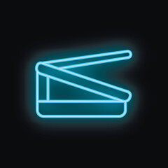 Blue neon sign icon of an open pizza box glowing on a black background