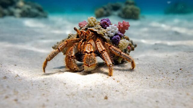Underwater close up of a hermit crab with small, colorful sea anemones on its shell, walking along the sunlit sandy bottom of a shallow tropical sea, showcasing marine symbiosis